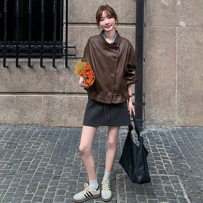 【アウター】メラード ブラウン レザージャケット レディース 春秋 上質感 ストリート系 ショートジャケット【JZシリーズ】