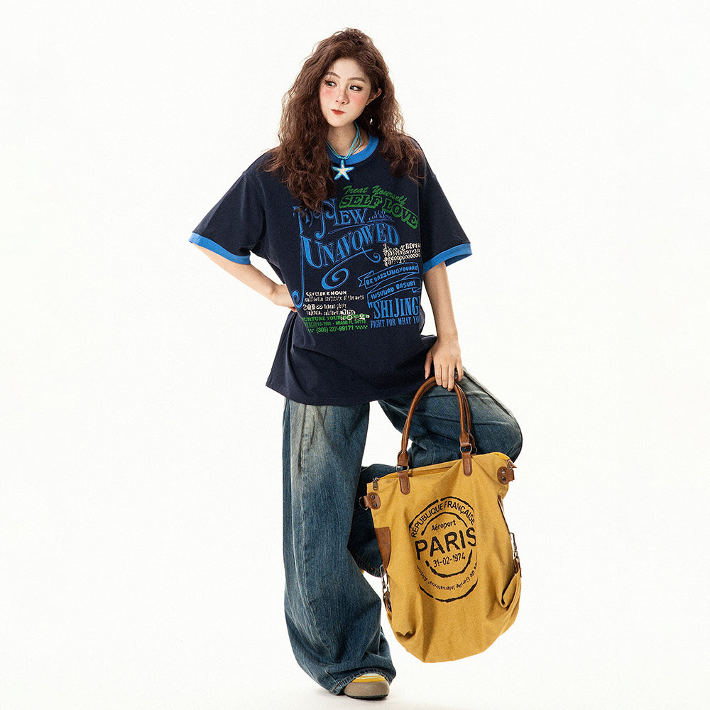 【トップス】アメリカンレトロ ロゴプリント 半袖Tシャツ レディース 夏 ゆったり デザイン感 バイカラー ラウンドネック【FCシリーズ】【15〜20日発送】