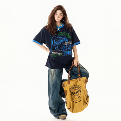 【トップス】アメリカンレトロ ロゴプリント 半袖Tシャツ レディース 夏 ゆったり デザイン感 バイカラー ラウンドネック【FCシリーズ】【15〜20日発送】