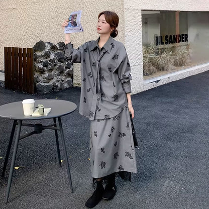 【セットアップ】春秋新作 グレー×フラワープリント シャツ×スカート 上下セット 韓国チック オールドマネー風【SHシリーズ】