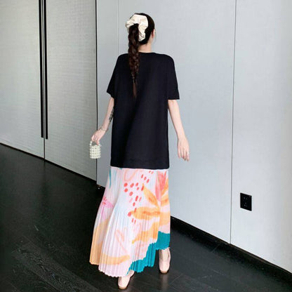 【ワンピース】ゆるっと着るだけで細見え✨大きいサイズ ロングワンピース 半袖 プリーツ裾 切り替えデザイン リゾート風 夏ワンピ【SHシリーズ】