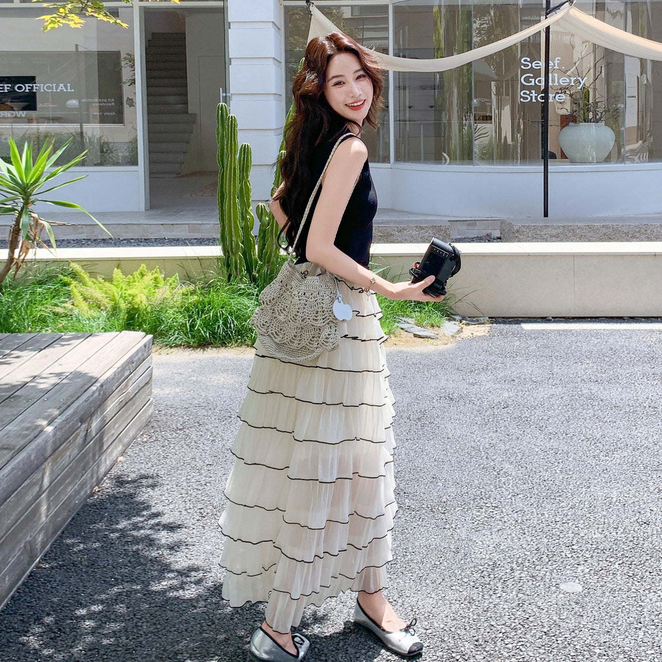 【ワンピース】フレンチ風 配色 ノースリーブワンピース レディース 夏 ウエストマーク 細見え 白ワンピース ティアードスカート【JZシリーズ】