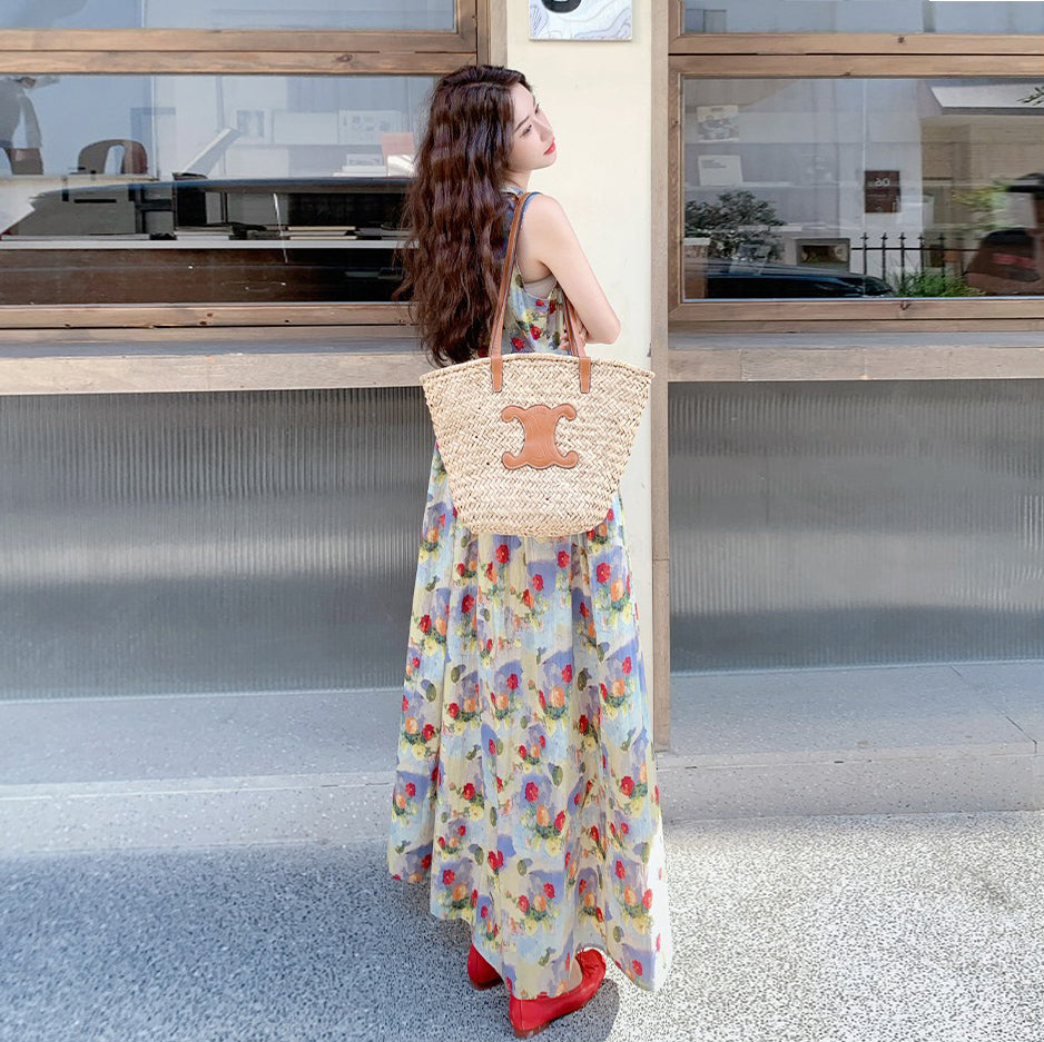 【ワンピース】夏 バカンス風 ロマンティック ドーパミン フラワープリント ノースリーブワンピース【SHシリーズ】