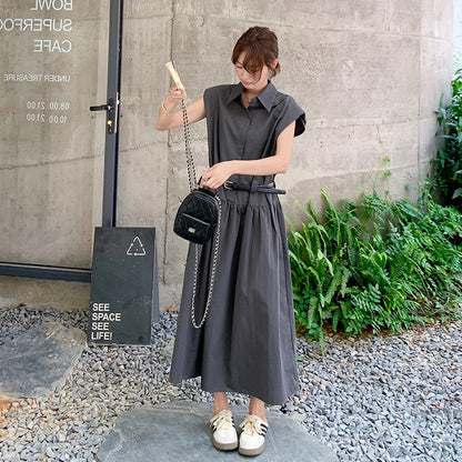 【ワンピース】グレーノースリーブワンピース ウエストマークで細見え◎上品見えの韓国風ロング丈【JZシリーズ】