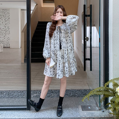 【ワンピース】花柄 ミニ丈 長袖ワンピース 春夏秋 体型カバー 細見え 着回し万能【SHシリーズ】