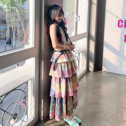 【ワンピース】 レインボーチェック ノースリーブ ティアードワンピース 夏 レディース フェミニン 体型カバー リゾート風 着痩せ ゆったり Aライン 大人可愛い バカンス 海辺旅行【SHシリーズ】