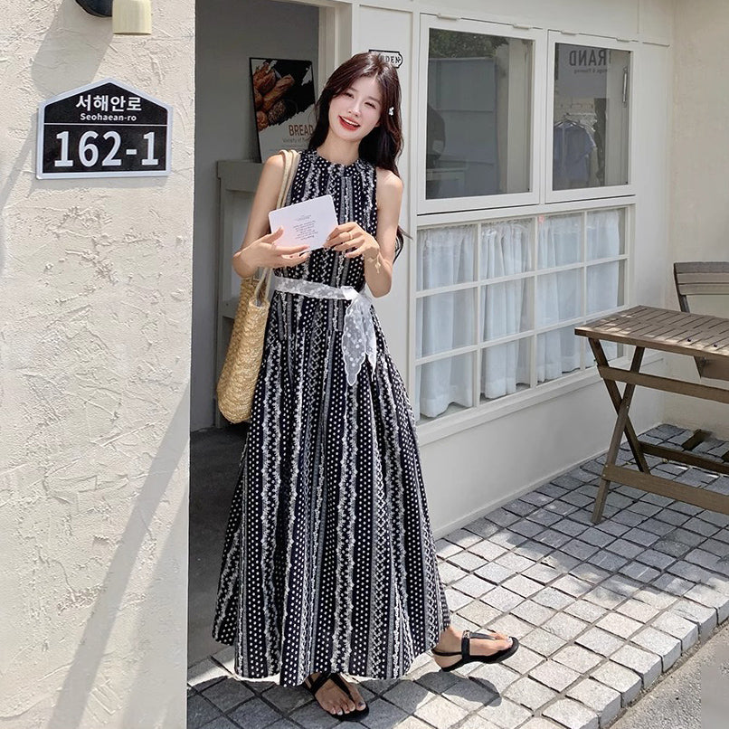 【ワンピース】フレンチ風 優美で個性的 刺繍入り オフショルダー ノースリーブワンピース【SHシリーズ】