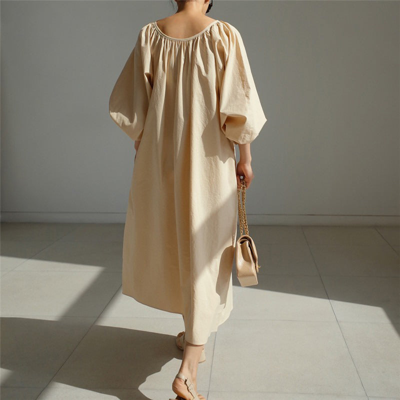 【ワンピース】春秋 ゆったり 大きいサイズ  リボン ランタンスリーブ 長袖ワンピース