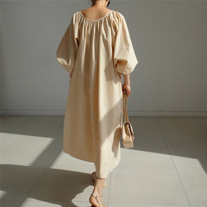 【ワンピース】春秋 ゆったり 大きいサイズ  リボン ランタンスリーブ 長袖ワンピース