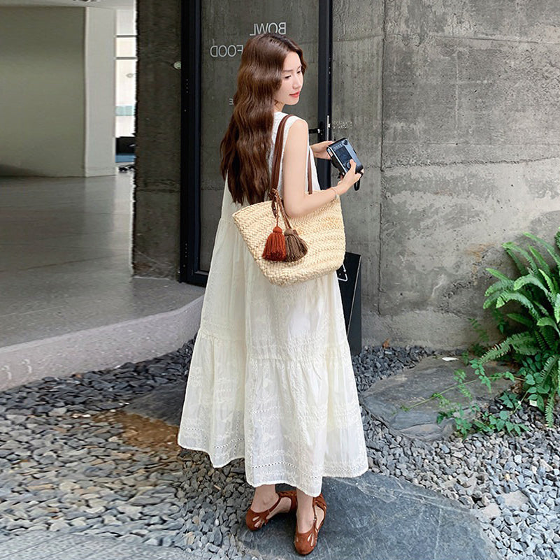 【ワンピース】フレンチ風 刺繍ワンピース レディース 夏 ホワイト ノースリーブ ナチュラル ロングワンピ【JZシリーズ】