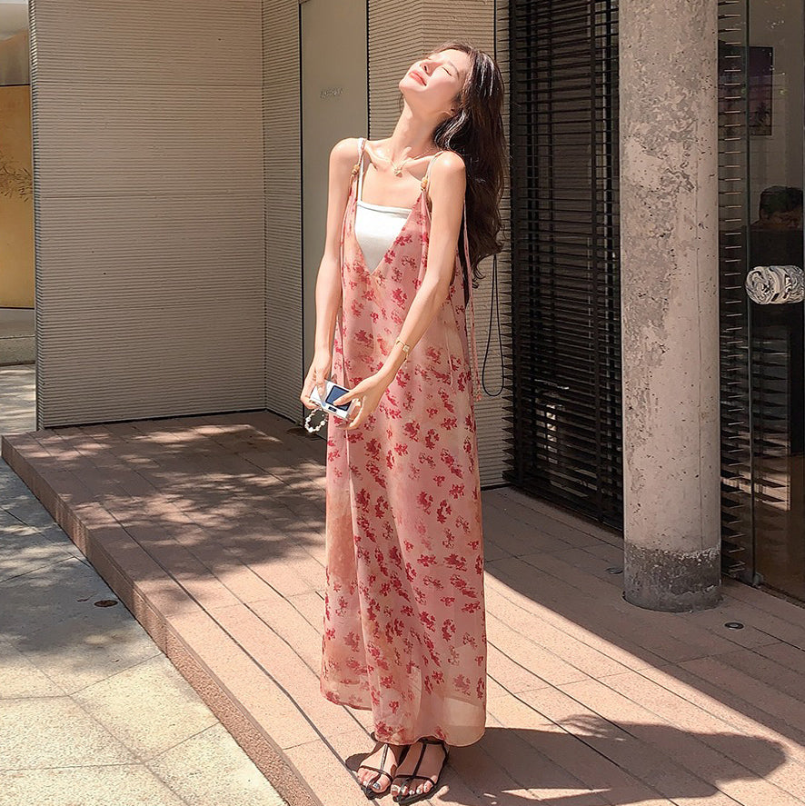 【ワンピース】フレンチロマンティック 配色が映える多幸感 花柄ノースリーブキャミワンピース【SHシリーズ】