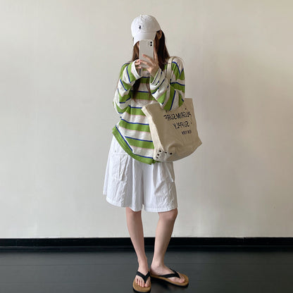 【トップス】Ｔシャツ カットソー レディース ボーダー柄 ワッペンデザイン クルーネック 長袖 ゆったり カジュアル【FCシリーズ】