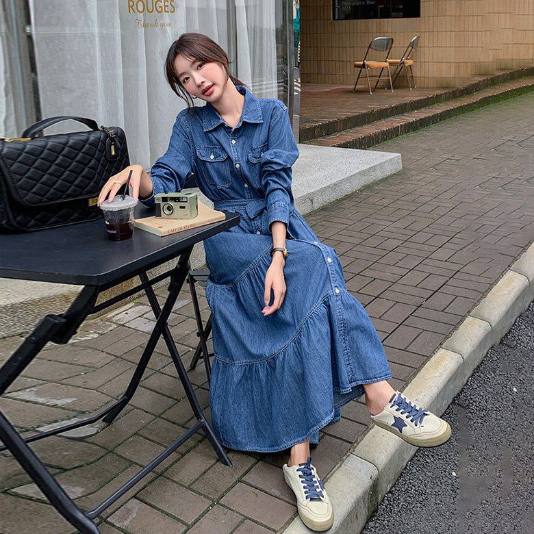【ワンピース】高級感レトロ  デニム 長袖シャツワンピース 人気 ウエストマーク ロングワンピース【JZシリーズ】