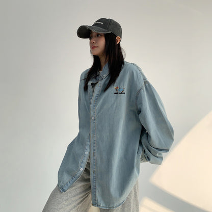 【トップス】春秋 シンプル カートゥーン刺繍 デニム 長袖 シャツ【FCシリーズ】