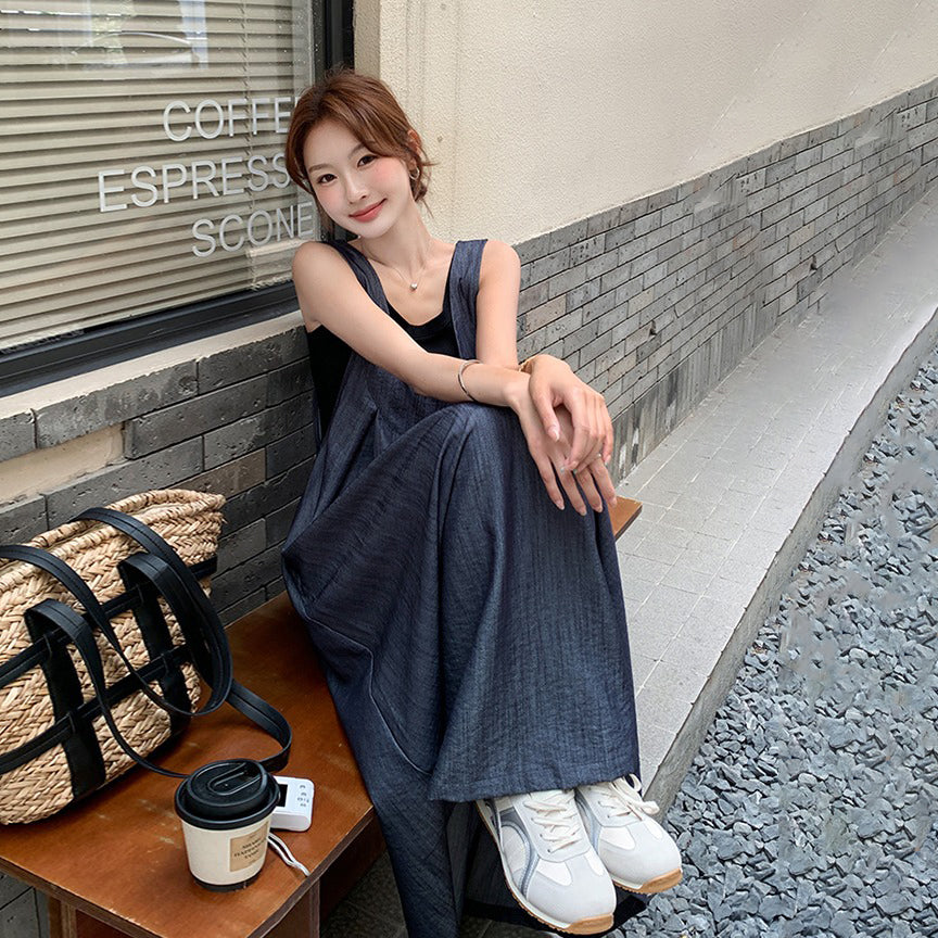 2点セット！【セットアップ】重ね着でおしゃれ ノースリーブ デニムサロペットワンピースセット レディース 夏 学院風 若見え スリム見え 体型カバー【JZシリーズ】