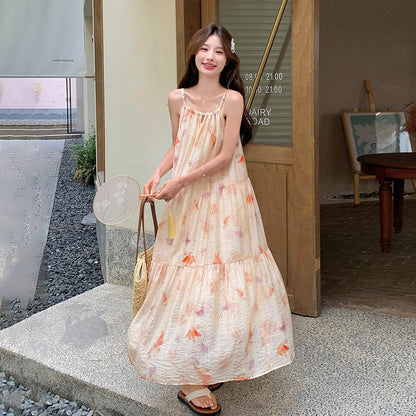 【ワンピース】フレンチ風プリント 夏らしい優美な雰囲気 ノースリーブキャミワンピース リゾート感たっぷり【SHシリーズ】