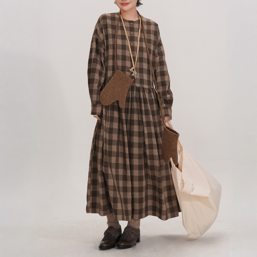 【ワンピース】春 秋 冬  チェック柄 ゆるリラックス ラウンドネック【JZシリーズ】