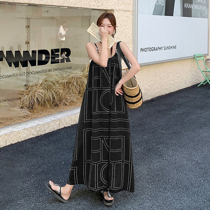 【ワンピース】バカンス配色ジオメトリックプリント リラックス感細見え ノースリーブキャミワンピース【SHシリーズ】