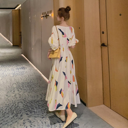 【ワンピース】花柄 長袖ワンピース フレンチ風 ミディ丈 レトロで優しい雰囲気のAラインドレス【SHシリーズ】