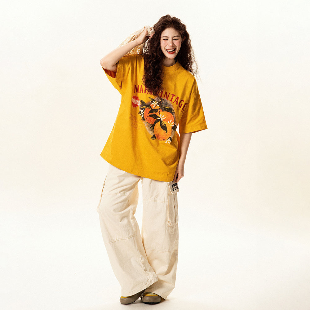 【トップス】レトロ趣味 フルーツ柄 半袖Tシャツ レディース 夏 ゆったり カジュアル【FCシリーズ】【15〜20日発送】