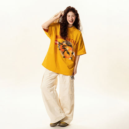 【トップス】レトロ趣味 フルーツ柄 半袖Tシャツ レディース 夏 ゆったり カジュアル【FCシリーズ】【15〜20日発送】