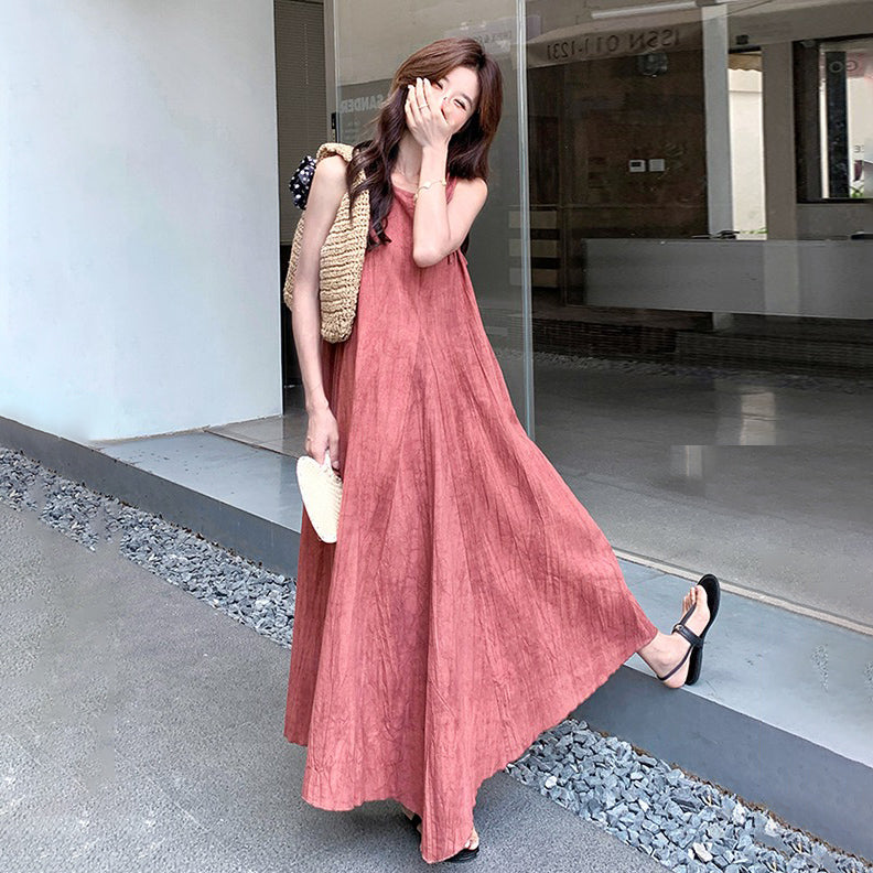 【ワンピース】フレンチ風 ノースリーブピンクワンピース 夏 細見えエレガント ロングドレス【JZシリーズ】