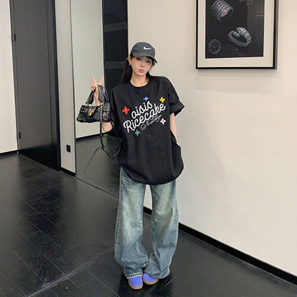 【トップス】刺繍 Tシャツ レディース 夏 半袖 コットン ゆったり クルーネック オーバーサイズ 人気 リラックスコーデ【FCシリーズ】