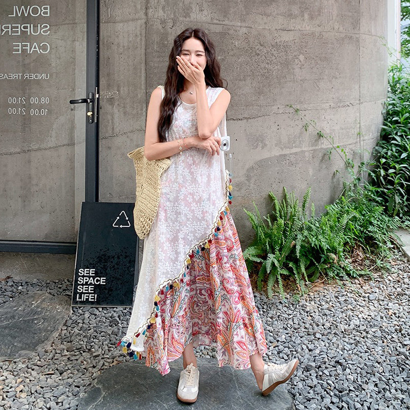 2点セット！【セットアップ】ボヘミアンレース刺繍シアーカーデ＋花柄ノースリーブワンピース レイヤード風上下セット【SHシリーズ】