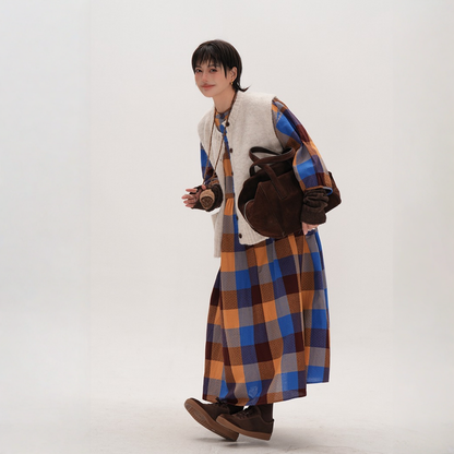 【ワンピース】春 秋 冬 レトロ風 ゆったりチェック柄 ロング ワンピース ワンピース 【JZシリーズ】
