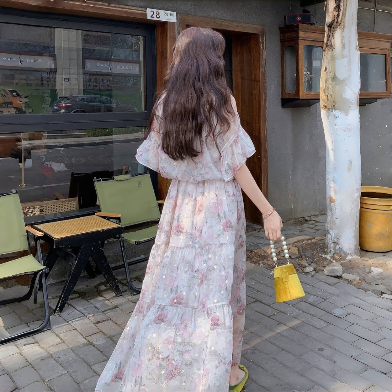 【ワンピース】フレンチ オフショルダー フリルスリーブ 花柄ワンピース 夏 高見え ロングドレス【SHシリーズ】