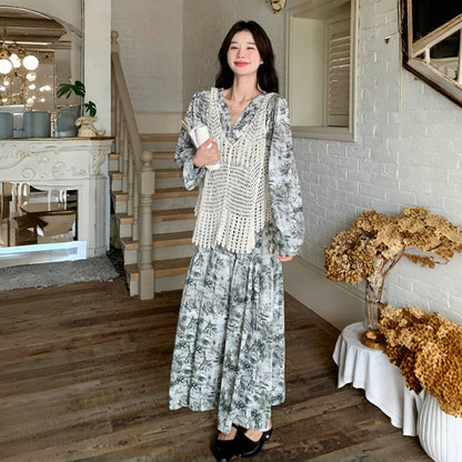 ベストプレゼント！【ワンピース】透かし編み 水墨画風花柄長袖ワンピース レディース 春秋 トレンド 超可愛い【SHシリーズ】