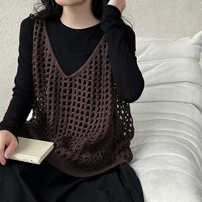 【トップス】ウール混 透かし編み ニットベスト｜Vネック×レイヤードに最適な秋トップス【JZシリーズ】