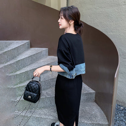 【ワンピース】 春秋 韓国風カジュアル デニム切り替え風フェイクレイヤード 長袖ワンピース レディース 【JZシリーズ】