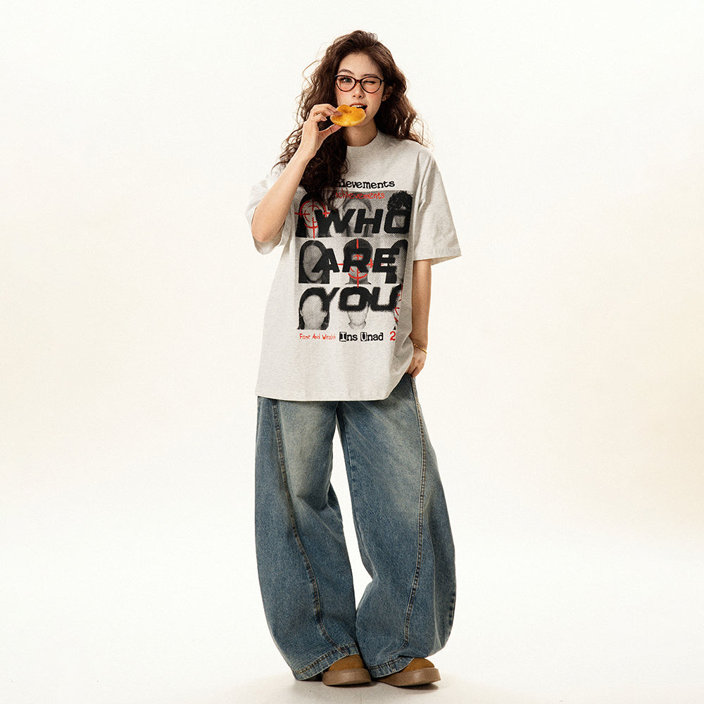 【トップス】アメリカンレトロ 顔プリント 半袖Tシャツ レディース 夏 ゆったり カジュアル ペアコーデ【FCシリーズ】【15〜20日発送】