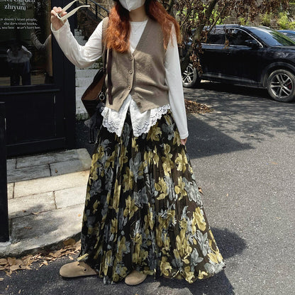 【ボトムス】ヴィンテージ風 フレアスカート 新作 ウエストゴム 花柄 ロング【SHシリーズ】