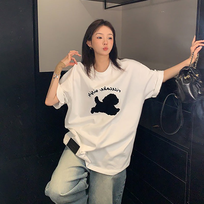 【トップス】ヴィンテージ風 カートゥーンフロッキープリントTシャツ レディース 夏 シンプル ルーズ 半袖【FCシリーズ】