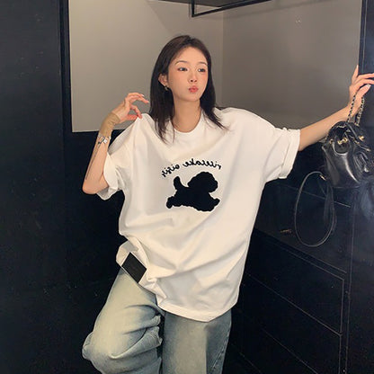 【トップス】ヴィンテージ風 カートゥーンフロッキープリントTシャツ レディース 夏 シンプル ルーズ 半袖【FCシリーズ】