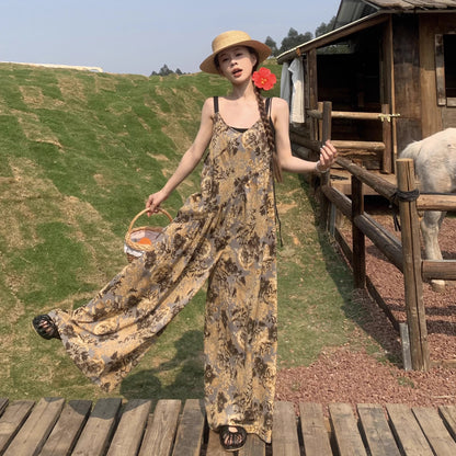 【ボトムス】ゆったりカジュアル 気質Vネック 夏のヴィンテージ風 ノマドテイストキャミオールインワン【SHシリーズ】