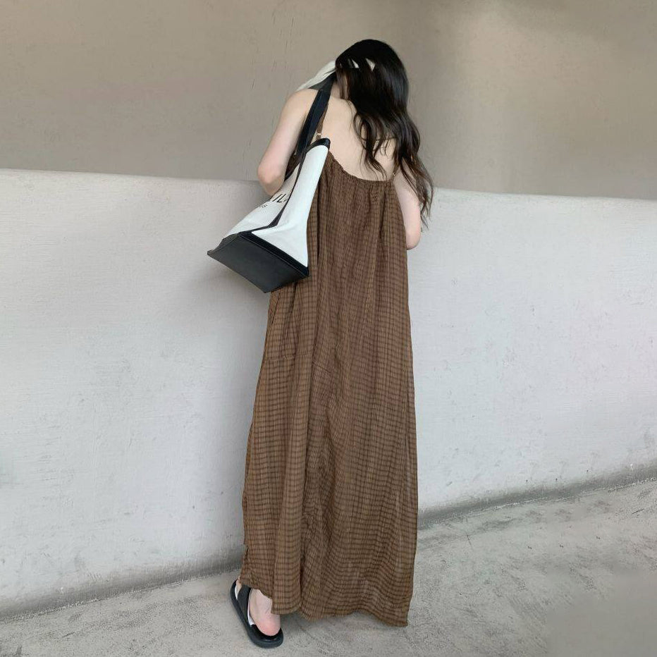 【ワンピース】フレンチ レトロ チェック キャミワンピース レディース 夏 リゾート 海辺 こなれ感 上品 ノースリーブ ロングワンピース【JZシリーズ】