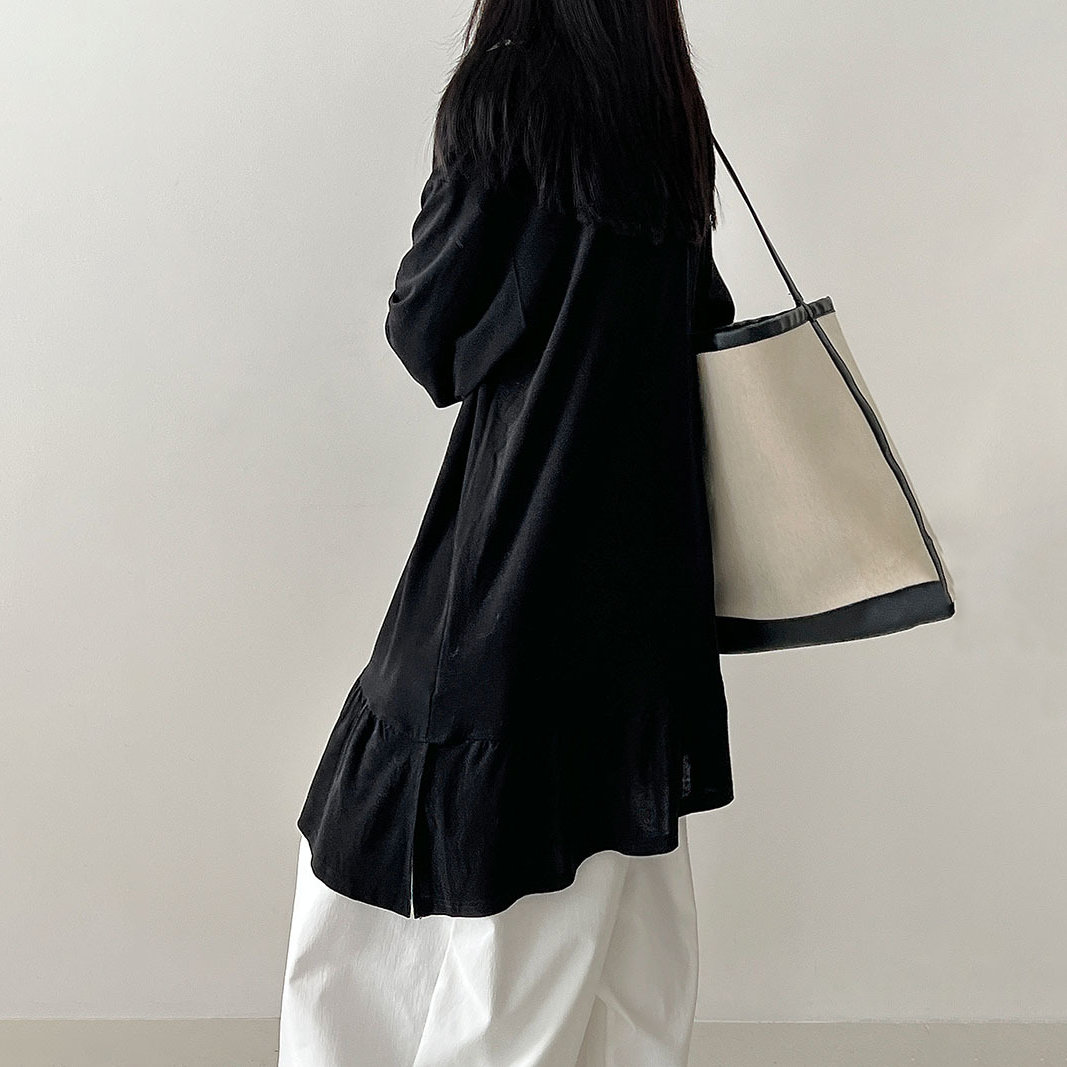 【トップス】韓国風 切替 ドレープ感 フリルデザイン Tシャツ 早春新作 長袖 デザイン感【JZシリーズ】