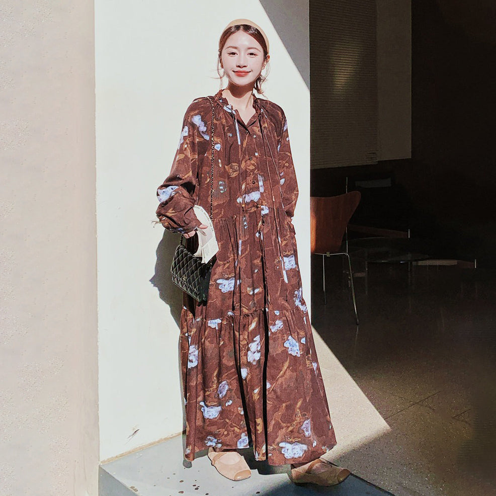 【ワンピース】配色花柄ワンピース 長袖 レディース ヴィンテージ風 ゆったりシルエット デザインロングドレス 春秋スタイル【SHシリーズ】