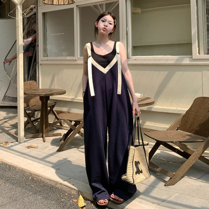 【ボトムス】ヴィンテージ配色Vネック ゆる系夏用カジュアルオールインワン