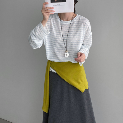 【トップス】ボーダー カットソー 背中開き 体型カバー 痩せ見え 2026夏 韓国風 柔らかい 快適 Ｔシャツ【JZシリーズ】