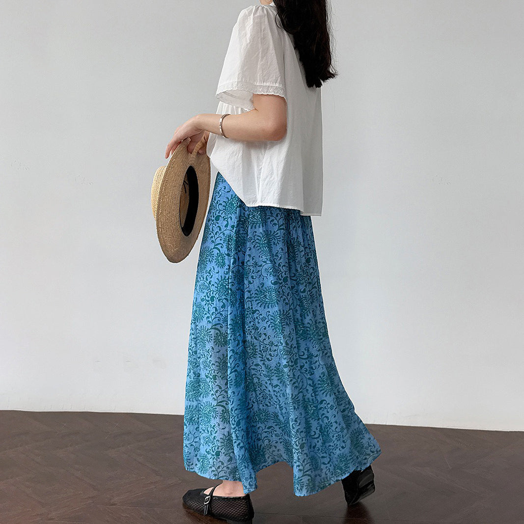 【ボトムス】韓国風コーデ万能 夏新作 細見えハイウエスト 花柄ミモレ丈スカート【SHシリーズ】