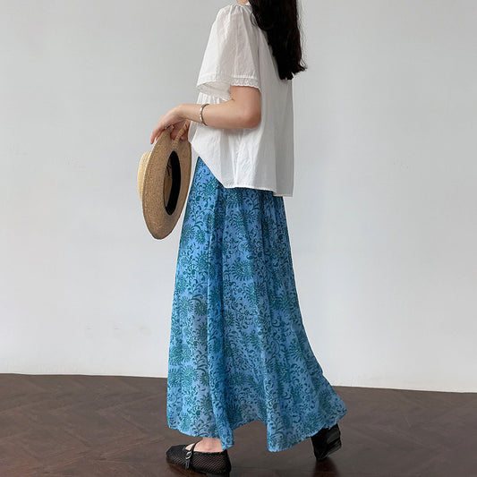 【ボトムス】韓国風コーデ万能 夏新作 細見えハイウエスト 花柄ミモレ丈スカート【SHシリーズ】