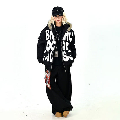 【アウター】ロゴ入り ファー付きフードコート レディース 冬 ゆったりBF風 韓国風 学院風 綿入れコート【FCシリーズ】