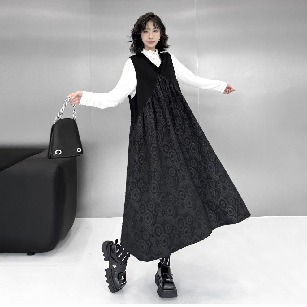 【ワンピース】暗黒系 ノースリーブVネックベストワンピース レディース 新作 ゆったり体型カバー ミディ丈【AHシリーズ】