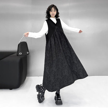 【ワンピース】暗黒系 ノースリーブVネックベストワンピース レディース 新作 ゆったり体型カバー ミディ丈【AHシリーズ】