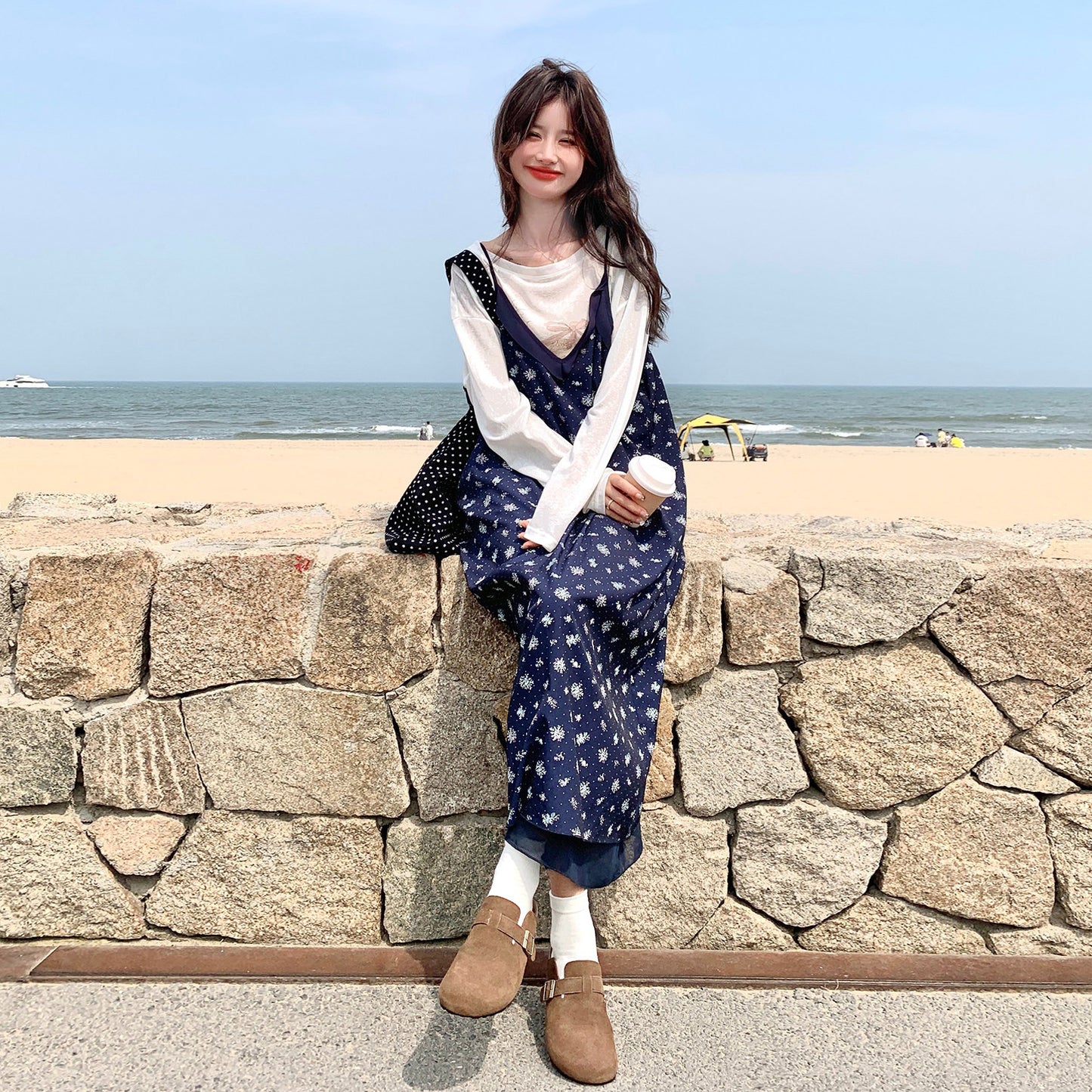 2点セット！【セットアップ】花柄キャミワンピース＆Tシャツ2点セット レディース ロング丈 ゆったり カジュアル 秋コーデ【SHシリーズ】