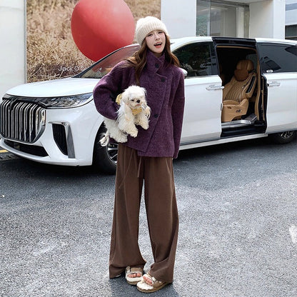 【アウター】💜トレンド感満載！ラベンダーカラーのコート！上品な雰囲気 ウールコート レディース 秋冬  韓国風 レトロ おしゃれ ショートジャケット【JZシリーズ】